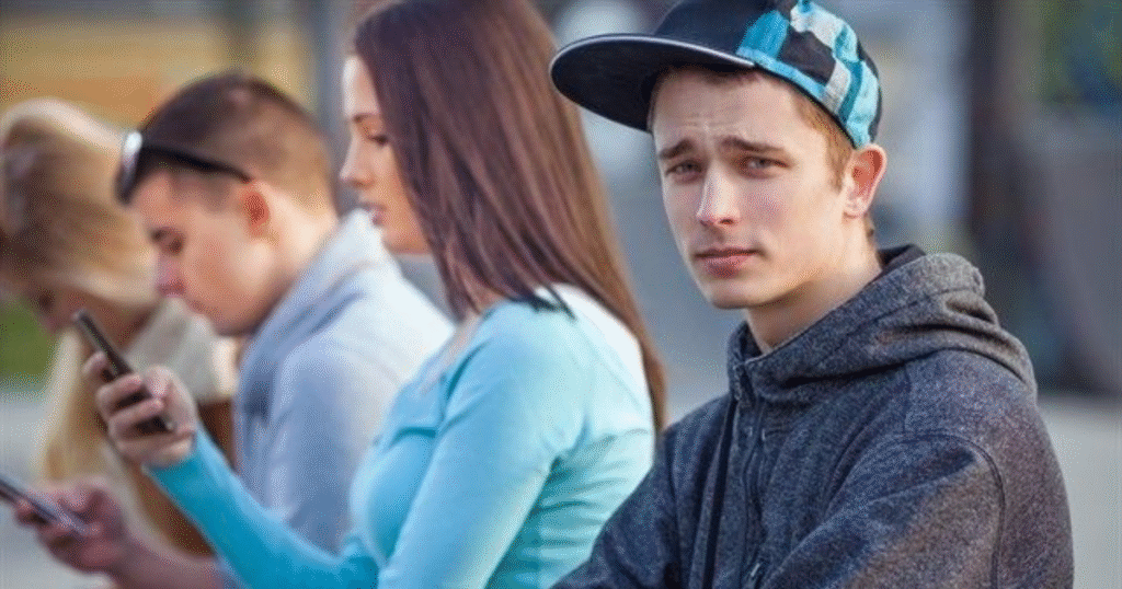 Un chico joven mirando a cámara, mientras otras tres personas a su alrededor están absortas mirando sus teléfonos móviles.