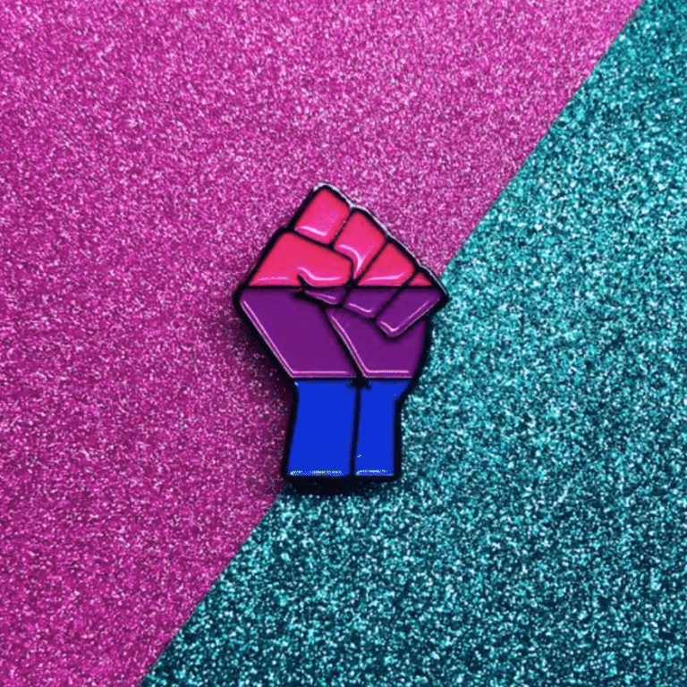 Un pin o insignia con la imagen de un puño levantado, decorado con los colores de la bandera de la bisexualidad (rosa, morado y azul).