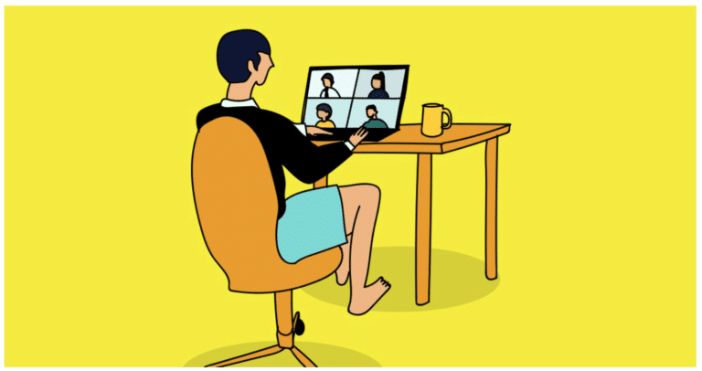 Ilustración de un estudiante sentado en un escritorio haciendo una videollamada desde su ordenador portátil, simbolizando el aprendizaje a distancia.