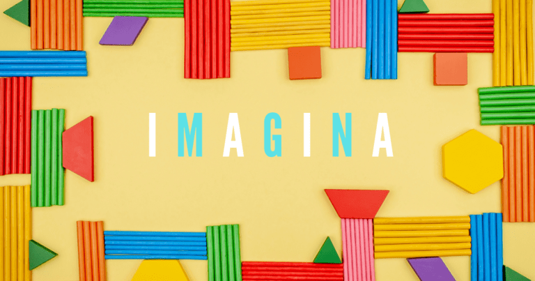 La palabra "IMAGINA" escrita con los colores de la bandera trans, rodeada de figuras de colores LGTBIQ+, simbolizando la empatía y la diversidad.
