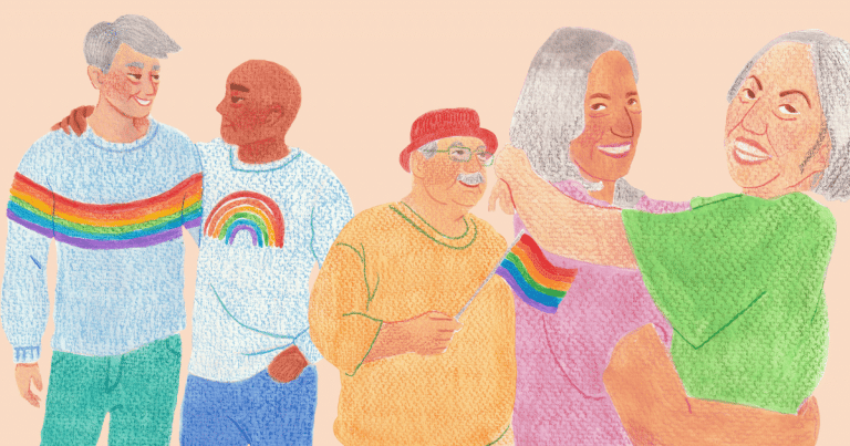 Ilustración de cinco personas mayores LGTBI+, diversas y sonrientes, con insignias de orgullo LGTBI+, simbolizando la visibilidad y el apoyo en la tercera edad.
