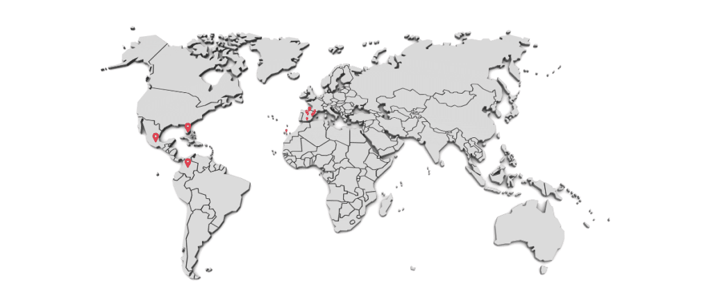 Mapa mundial en tonos grises con puntos de ubicación resaltados que marcan las distintas delegaciones de Tú Yo Psicólogos LGTBIQ+.