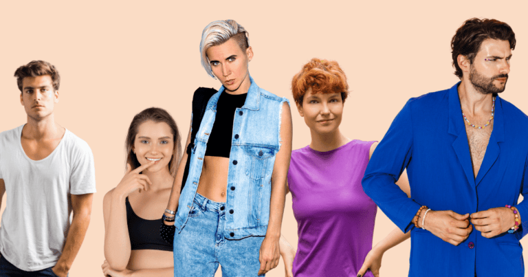Un grupo de cinco personas muy diversas (dos mujeres, un hombre y dos personas no binarias o de género fluido) sonriendo y mostrando confianza, representando la riqueza de las identidades de género.
