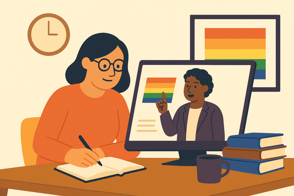 Ilustración de una joven con melena sentada escribiendo en un libro, mientras en la pantalla de su ordenador se ve el perfil de una chica negra sonriente y una bandera LGTBIQ+.