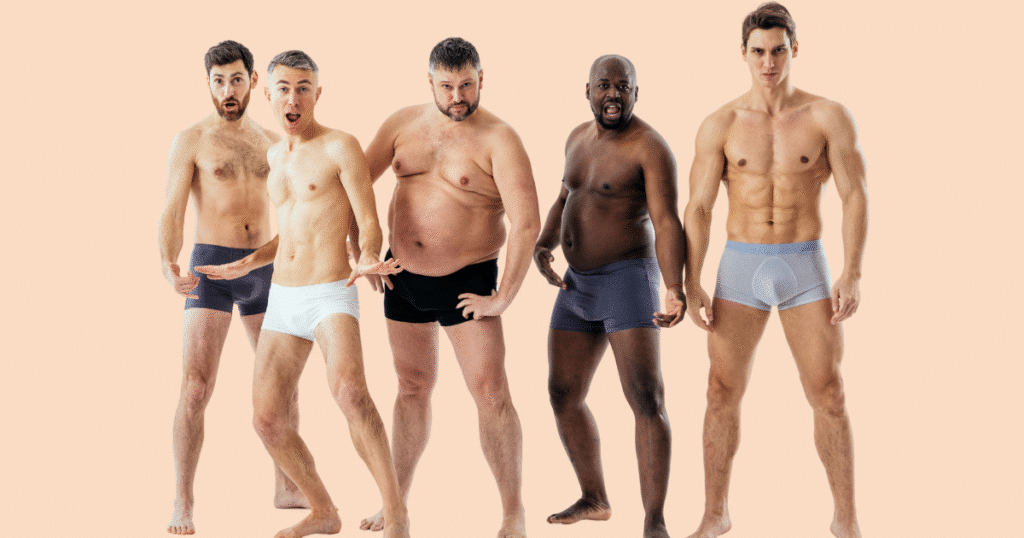 Cinco hombres jóvenes de diversas etnias y tipos de cuerpo posando en ropa interior, con la mirada al frente y expresiones seguras.