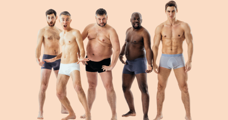 Cinco hombres jóvenes de diversas etnias y tipos de cuerpo posando en ropa interior, con la mirada al frente y expresiones seguras.