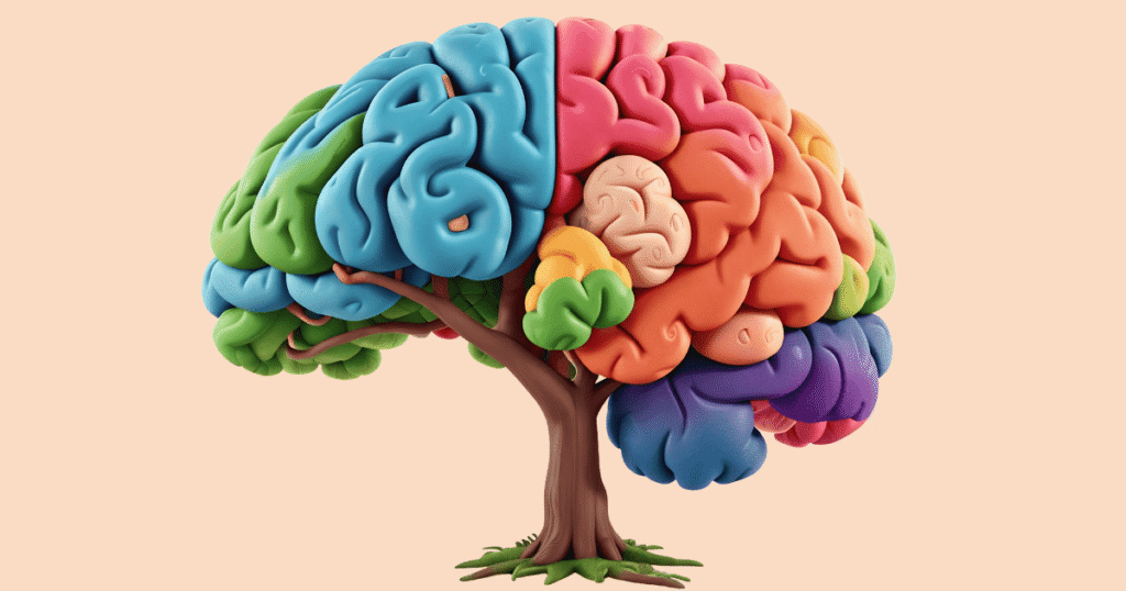 Ilustración de un árbol con el follaje en forma de cerebro, teñido con los colores LGTBIQ+, simbolizando la salud mental afirmativa y el crecimiento de la identidad.