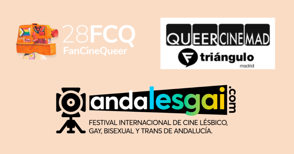 Los logotipos de los tres festivales de cine LGTBIQ+ organizados por la Fundación Triángulo: LesGaiCineMad, FanCineQueer y AndalesGai.