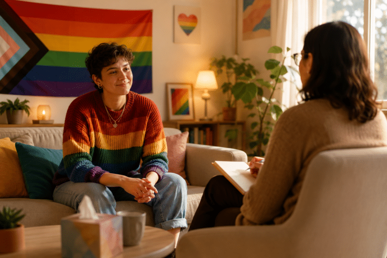 Salud mental en personas LGTBIQ+ en un entorno de psicoterapia afirmativa, mostrando una sesión terapéutica inclusiva y un espacio seguro que promueve el bienestar emocional, la autoaceptación y el apoyo psicológico.
