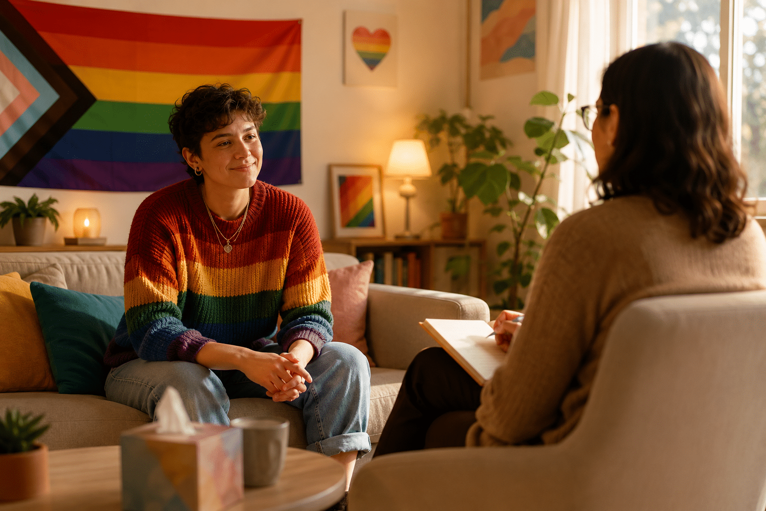 Salud mental en personas LGTBIQ+ en un entorno de psicoterapia afirmativa, mostrando una sesión terapéutica inclusiva y un espacio seguro que promueve el bienestar emocional, la autoaceptación y el apoyo psicológico.